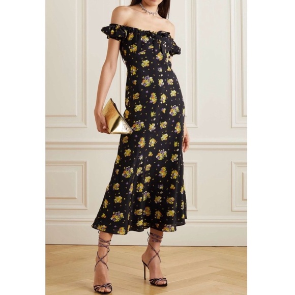 NWT Alessandra Rich Daisy Print Off-Shoulder Silk Midi Dress US 10 / IT 46 - Picture 1 of 14